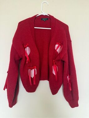 Forever 21 Red Knit Cardigan with Pink Heart Appliqués and Ribbon Bows